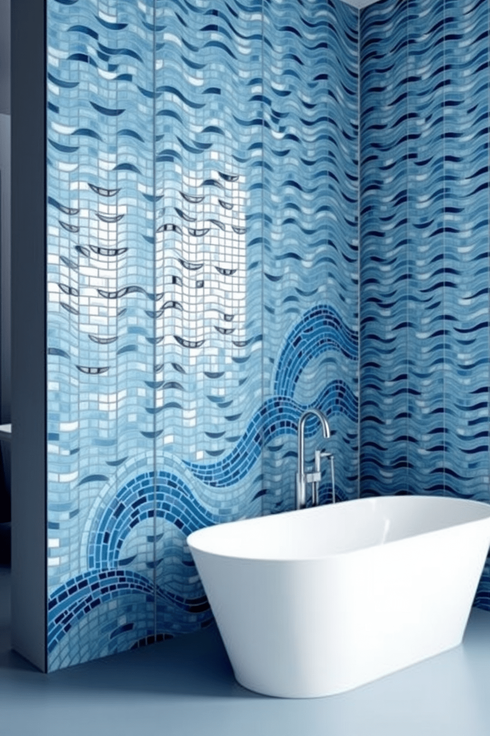 A stunning bathroom featuring mosaic tiles arranged in wave patterns that create a dynamic visual effect. The color palette includes shades of blue and white, enhancing the serene atmosphere of the space. The walls are adorned with these intricate tiles, while the floor showcases a complementary solid color for balance. A sleek freestanding bathtub sits prominently, inviting relaxation and elegance into the design.