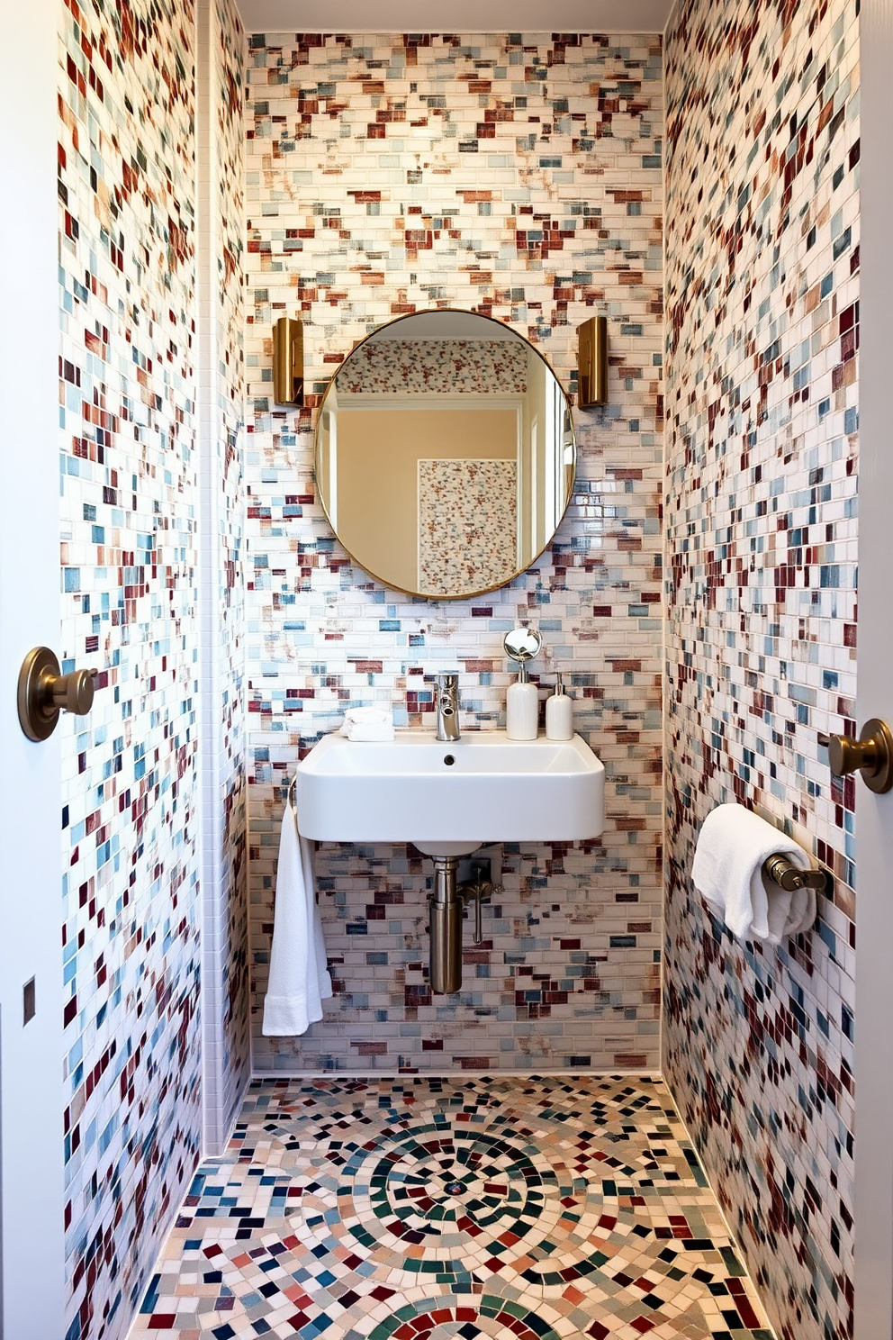 A chic bathroom featuring stylish mosaic tiles in a small space. The walls are adorned with vibrant mosaic patterns, creating a lively atmosphere while maximizing the use of space. The floor complements the walls with a coordinating mosaic design that enhances the overall aesthetic. A sleek, modern sink is positioned against the wall, surrounded by elegant fixtures and minimalistic decor.