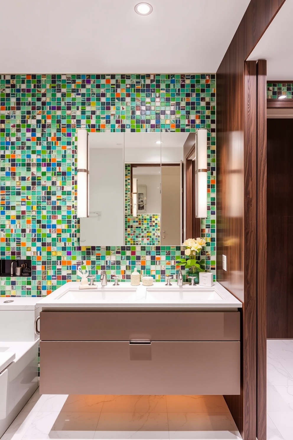 A stunning bathroom featuring a mosaic tile feature wall that adds vibrant color and texture behind the vanity. The vanity itself is sleek and modern, complemented by stylish fixtures and elegant lighting to enhance the overall ambiance.