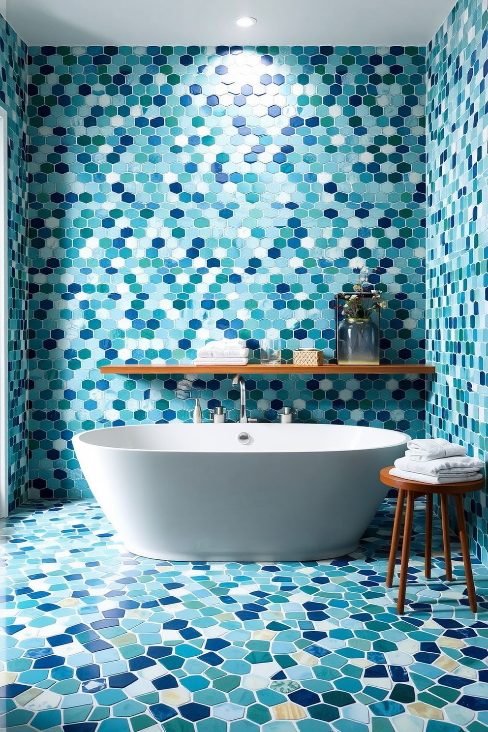 A stunning bathroom featuring unique irregular shaped mosaic tiles in various shades of blue and green. The walls are adorned with these tiles, creating a vibrant and textured backdrop that draws the eye. The floor is complemented by a sleek white freestanding bathtub positioned in the center of the room. A minimalist wooden shelf holds neatly rolled towels and decorative items, enhancing the serene atmosphere.