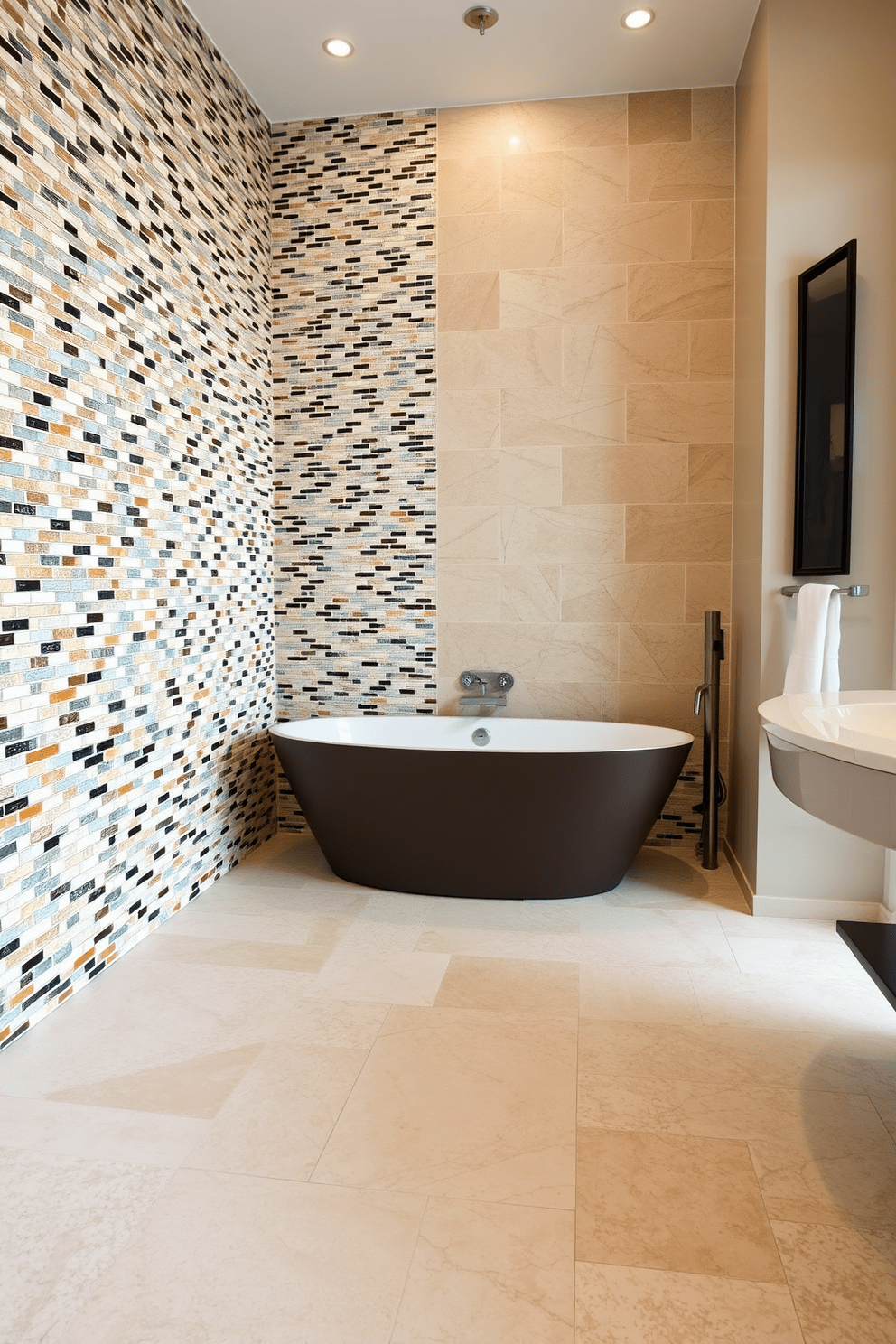 A stunning bathroom featuring mosaic tiles with mixed materials creates a vibrant and textured look. The walls are adorned with colorful mosaic tiles that blend glass, stone, and ceramic elements for a unique design. The floor showcases a complementary pattern of larger tiles that harmonize with the mosaic walls. A sleek, modern bathtub sits in the center, surrounded by elegant fixtures that enhance the luxurious feel of the space.