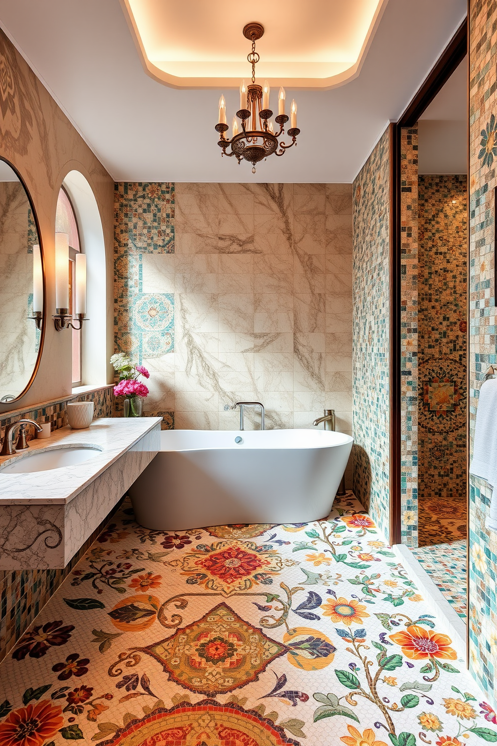 Create a stunning bathroom featuring custom mosaic designs that add a personalized touch. The mosaic tiles should incorporate a blend of vibrant colors and intricate patterns, creating a unique focal point on the walls and floor. Design a luxurious bathroom space that showcases a variety of mosaic tile options, including geometric shapes and floral motifs. The overall ambiance should evoke a sense of elegance and creativity, making the bathroom a true reflection of individual style.