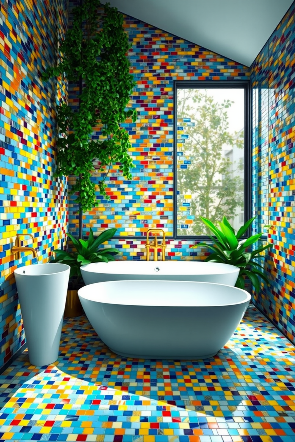 A stunning bathroom design featuring vibrant mosaic tiles that create a dramatic effect. The walls are adorned with an array of colorful tiles, blending shades of blue, yellow, and red, while the floor showcases a complementary mosaic pattern. The centerpiece is a sleek freestanding bathtub surrounded by lush greenery. Elegant fixtures in polished gold add a touch of luxury, and a large window allows natural light to illuminate the vibrant tiles.