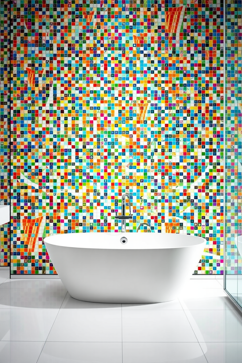 A stunning bathroom featuring a vibrant mosaic tile wall that serves as a captivating focal point. The mosaic tiles display an array of colors and patterns, adding depth and character to the space. The floor is adorned with sleek white tiles that contrast beautifully with the colorful mosaic. A modern freestanding bathtub sits elegantly in front of the mosaic wall, creating a luxurious and inviting atmosphere.