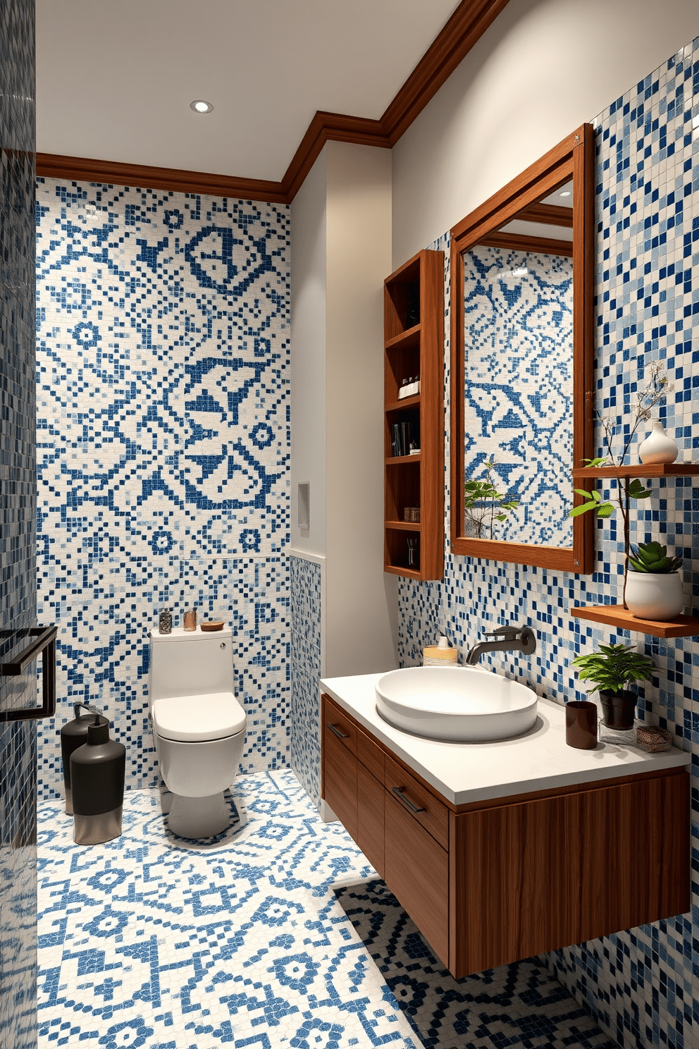 An elegant bathroom featuring intricate mosaic tiles in a harmonious blend of blues and whites. The space is complemented by rich wooden accents, including a sleek wooden vanity and shelving that enhance the overall warmth of the design. Soft lighting illuminates the mosaic patterns, creating a tranquil ambiance. A large mirror with a wooden frame reflects the beautiful tile work, while potted greenery adds a touch of freshness to the space.