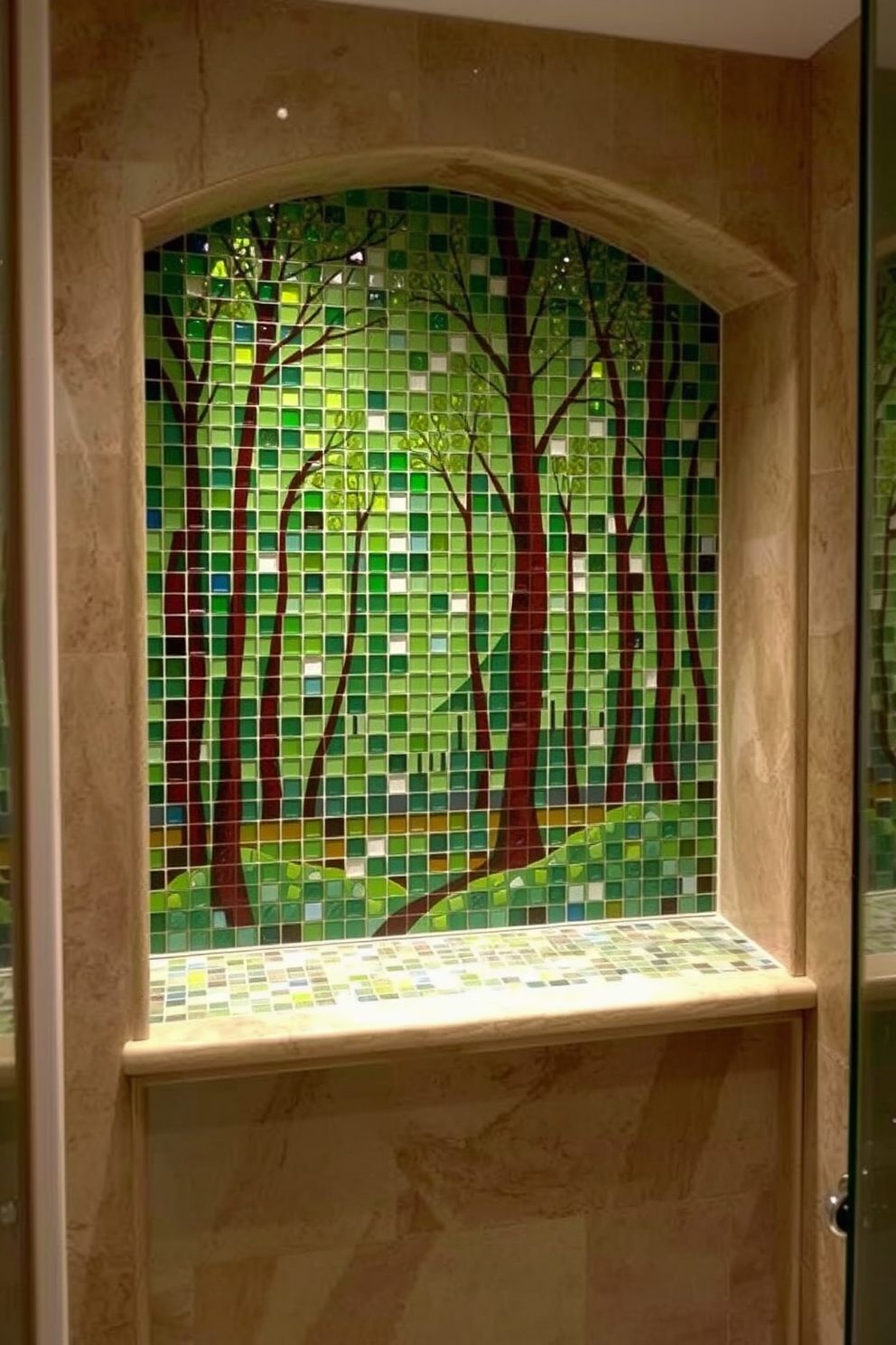 A nature-inspired mosaic shower niche features an array of vibrant mosaic tiles that depict a serene forest scene. The tiles blend shades of green, brown, and blue, creating a tranquil atmosphere that brings the outdoors inside. The shower niche is framed by smooth, natural stone, enhancing the organic feel of the space. Soft lighting highlights the intricate details of the mosaic, making it a stunning focal point in the bathroom.