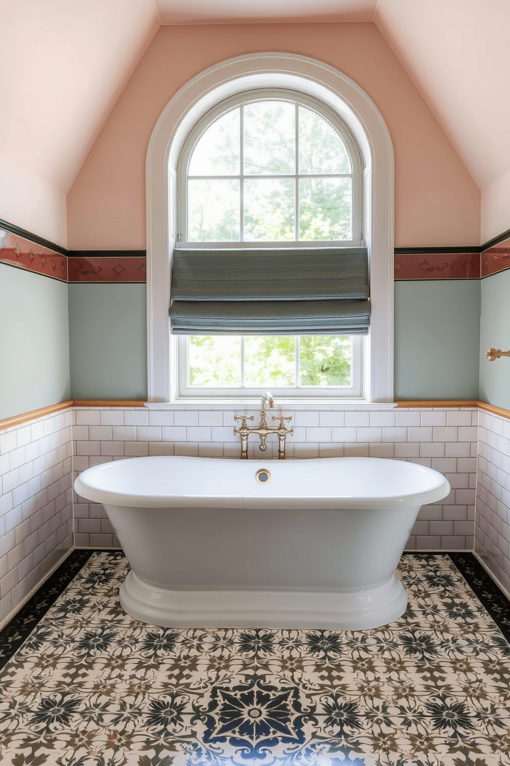 A vintage encaustic tile bathroom features a stunning mosaic tile floor that adds character and charm. The walls are adorned with soft pastel colors, complementing the intricate patterns of the floor tiles. A freestanding bathtub sits in the center, surrounded by elegant fixtures in brushed brass. Natural light floods the space through a large window, highlighting the unique tile designs and creating a warm ambiance.