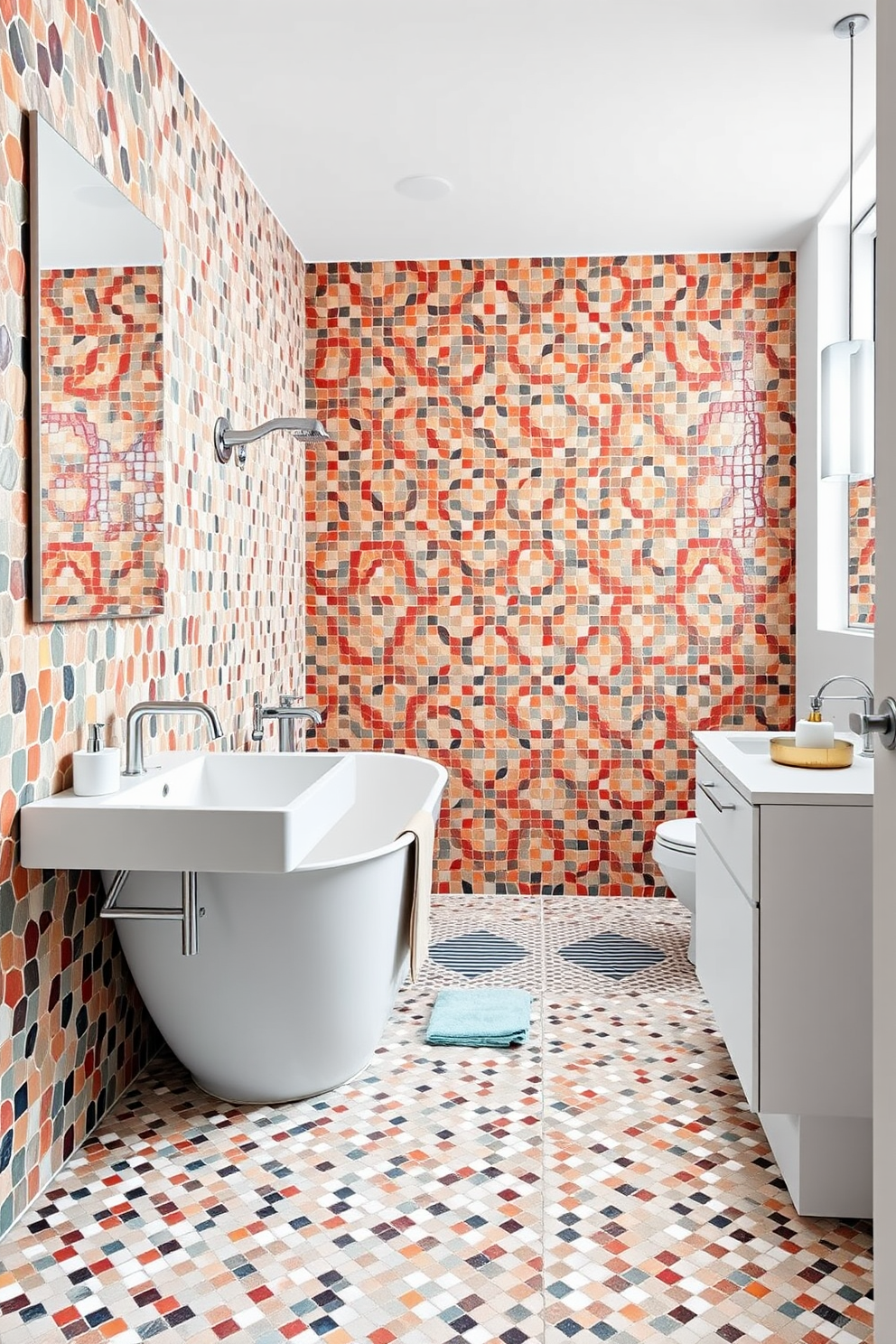 A modern bathroom featuring geometric patterned mosaic wall tiles in vibrant colors. The tiles create a stunning focal point, contrasting beautifully with sleek white fixtures and a minimalist design. The floor is adorned with complementary mosaic tiles that enhance the overall aesthetic. A freestanding tub sits elegantly against the mosaic wall, with stylish accessories adding a touch of luxury.