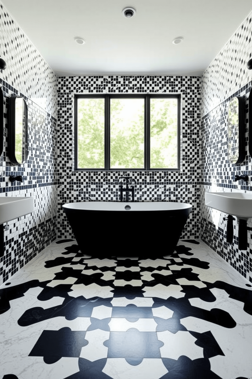 A striking bathroom featuring bold black and white mosaic tiles that create a dynamic visual impact. The walls are adorned with these intricate tiles, while the floor showcases a complementary pattern that enhances the overall aesthetic. A sleek freestanding bathtub sits at the center, surrounded by elegant fixtures in matte black. Natural light floods the space through a large window, illuminating the stunning tile work and creating an inviting atmosphere.