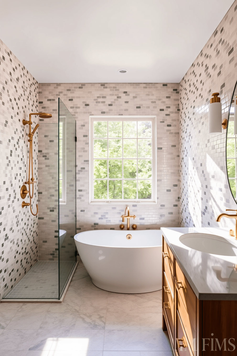 A serene bathroom retreat featuring soft pastel mosaic tile shower walls that create a calming atmosphere. The tiles blend shades of pink, blue, and green, enhancing the space's tranquility and elegance. In the center, a freestanding soaking tub is surrounded by natural light streaming in from a large window. Complementing the mosaic tiles, a wooden vanity with a white sink and gold fixtures adds a touch of sophistication to the design.