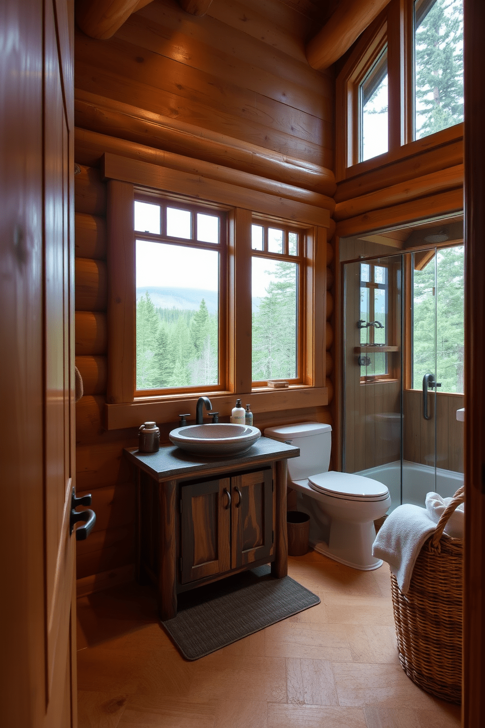 A rustic wooden vanity with a stone sink serves as the centerpiece of this mountain cabin bathroom. The walls are adorned with natural wood paneling, and large windows provide stunning views of the surrounding forest. The floor features warm, textured tiles that complement the rustic aesthetic. Soft, ambient lighting creates a cozy atmosphere, while a woven basket holds plush towels nearby.