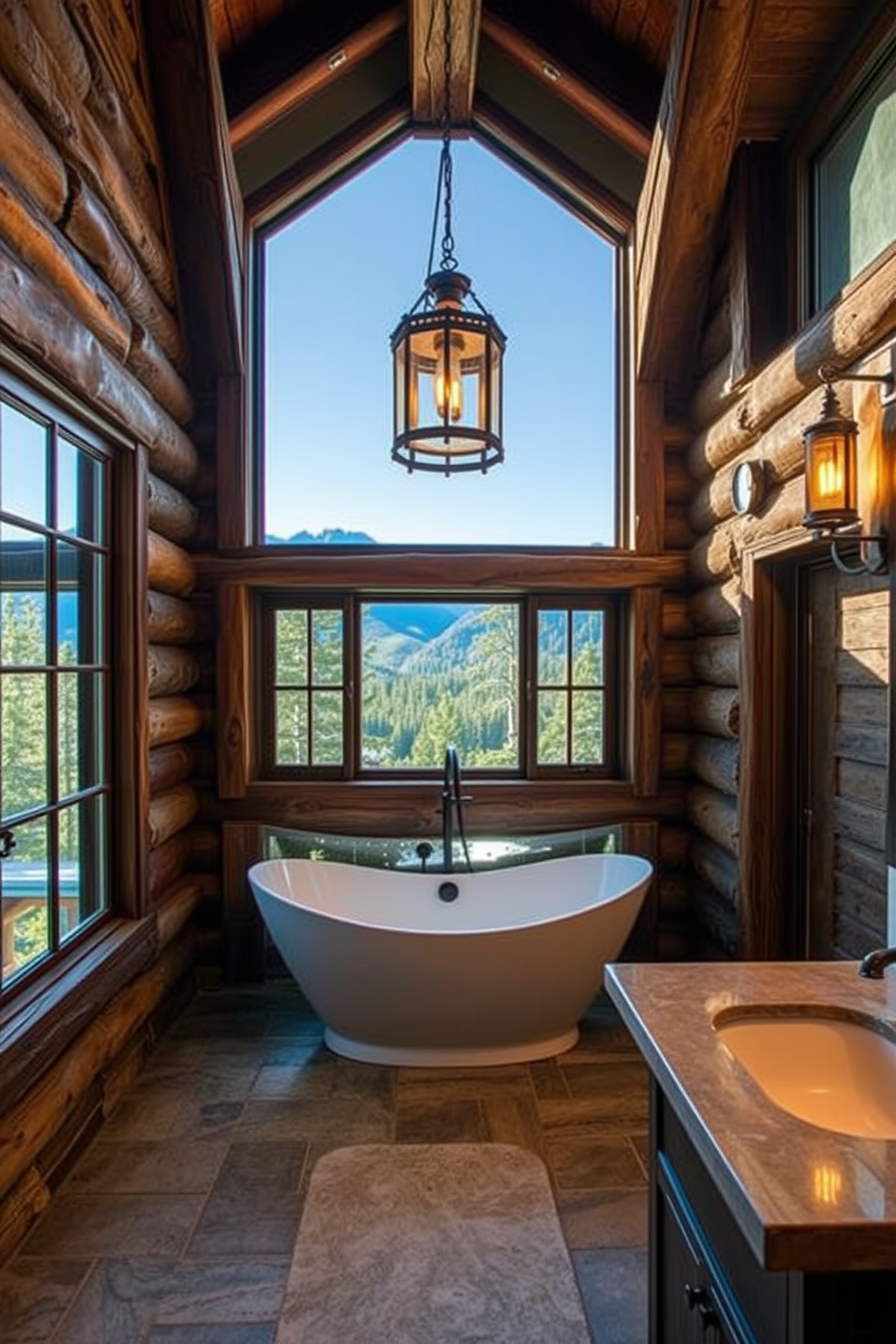 Antique lanterns hang from the ceiling, casting a warm glow throughout the mountain cabin bathroom. The walls are adorned with reclaimed wood, creating a rustic yet inviting atmosphere. A freestanding soaking tub sits in the corner, surrounded by natural stone tiles that echo the beauty of the outdoors. Large windows frame stunning mountain views, allowing natural light to flood the space.