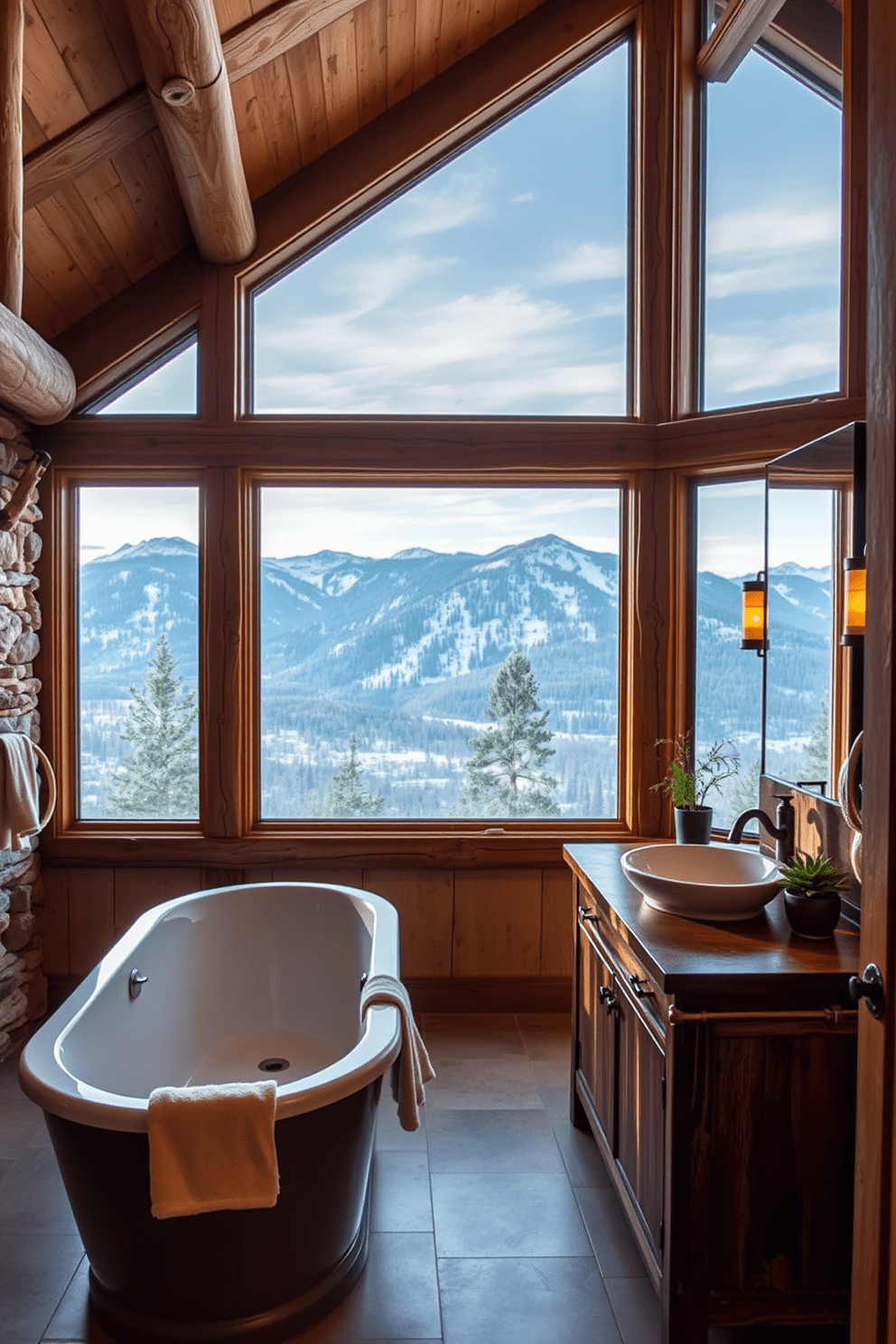 A cozy mountain cabin bathroom with large windows showcasing breathtaking mountain views. The space features rustic wooden beams, a freestanding soaking tub, and a stone accent wall that complements the natural surroundings. The vanity is crafted from reclaimed wood with a deep sink and vintage-style fixtures. Soft, warm lighting enhances the inviting atmosphere, while plush towels and greenery add a touch of comfort.