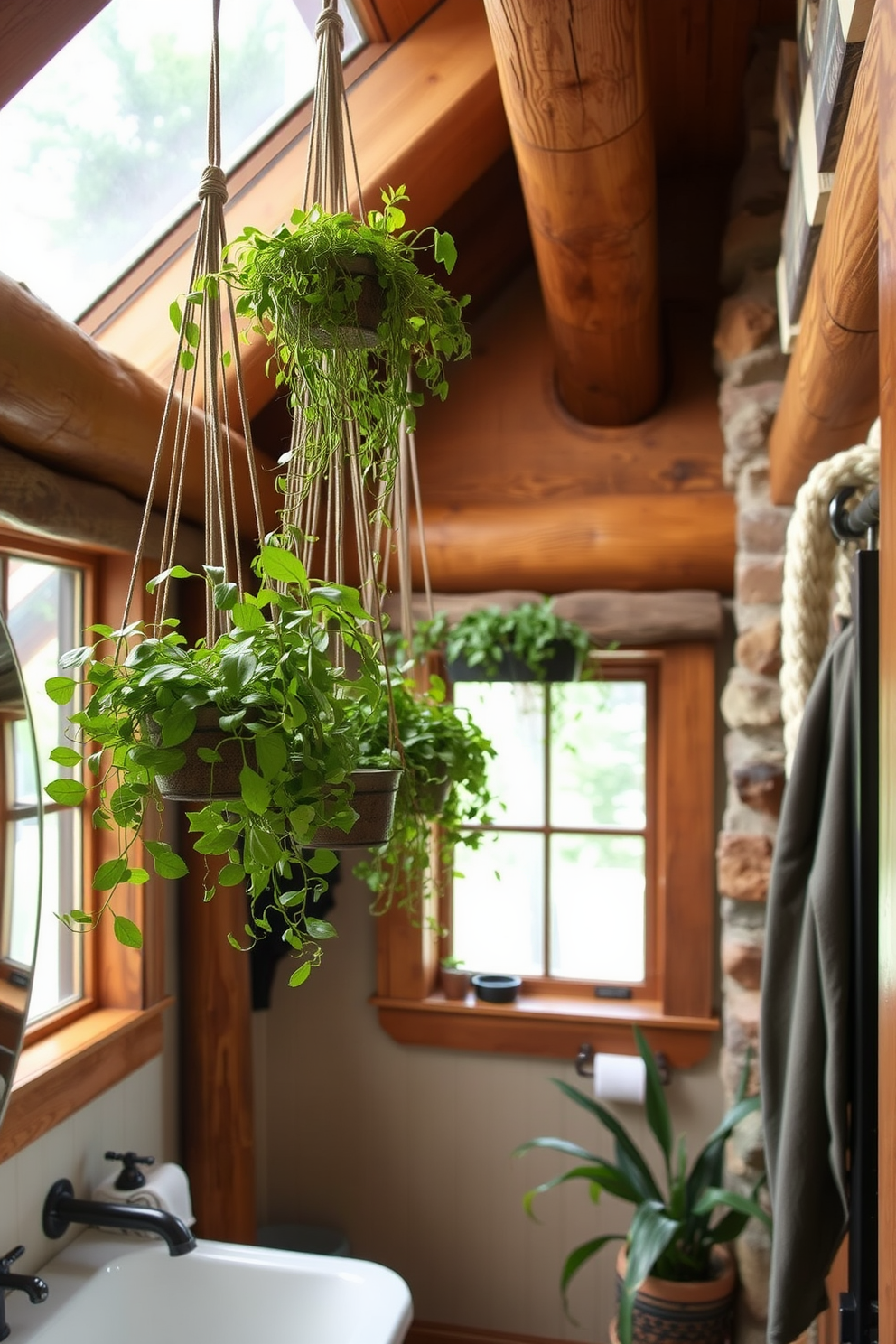 A cozy mountain cabin bathroom features hanging plants that bring a natural touch to the rustic atmosphere. The wooden beams and stone accents complement the greenery, creating a serene and inviting space.