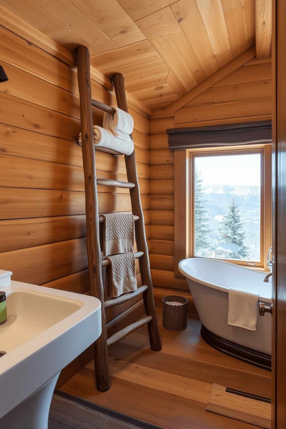 A rustic mountain cabin bathroom features a wooden ladder repurposed for towel storage, leaning against a wall adorned with natural wood paneling. The space is filled with warm, earthy tones, complemented by a freestanding tub positioned near a window that offers a stunning view of the surrounding mountains.