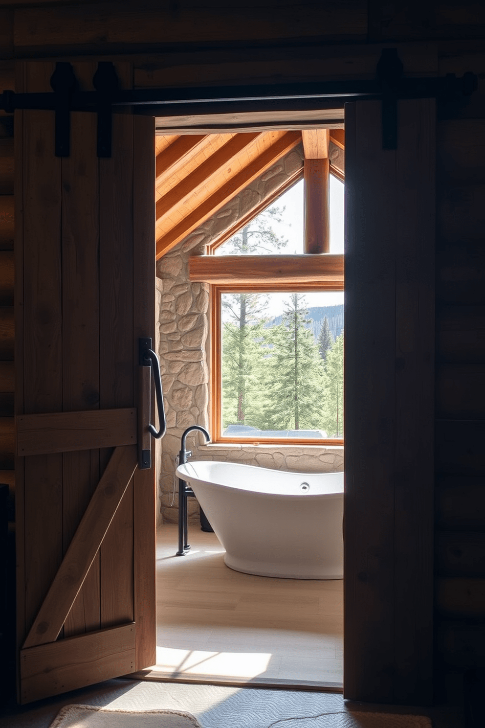 A rustic barn door serves as the entryway to a cozy mountain cabin bathroom. The door features weathered wood with iron hinges, creating a warm and inviting atmosphere. Inside, the bathroom showcases natural stone walls and a wooden beam ceiling. A freestanding soaking tub sits beneath a large window, offering stunning views of the surrounding forest.