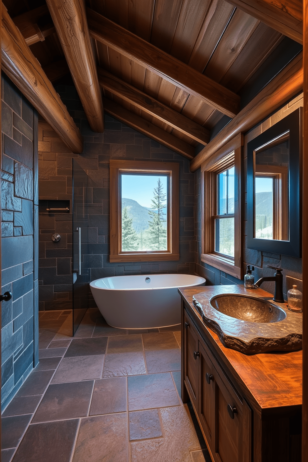 A mountain cabin bathroom featuring rugged slate tiles that create a cozy and earthy atmosphere. The space includes a freestanding soaking tub positioned near a window, offering stunning views of the surrounding nature. Wooden beams frame the ceiling, adding warmth and character to the design. A rustic wooden vanity with a stone sink complements the slate tiles and enhances the cabin aesthetic.