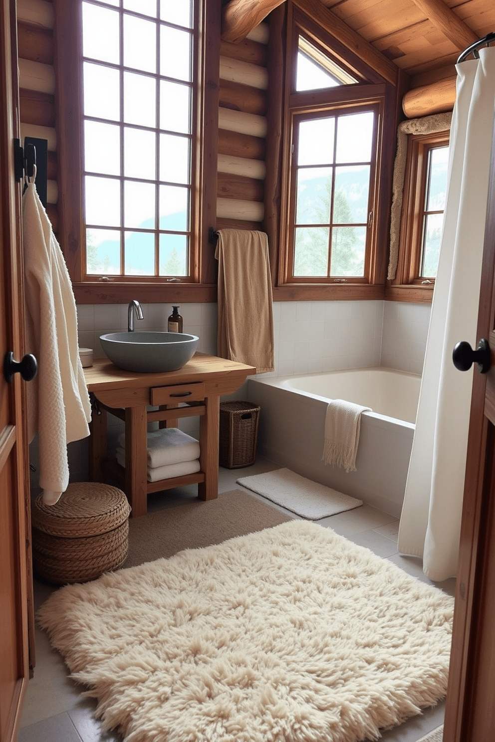 A cozy mountain cabin bathroom featuring soft textiles in neutral colors. The space includes a plush cream-colored rug in front of a rustic wooden vanity with a stone sink. Warm beige towels are neatly hung on a wooden rack, complementing the natural wood accents throughout the room. Large windows allow natural light to flood in, enhancing the serene atmosphere with views of the surrounding mountains.