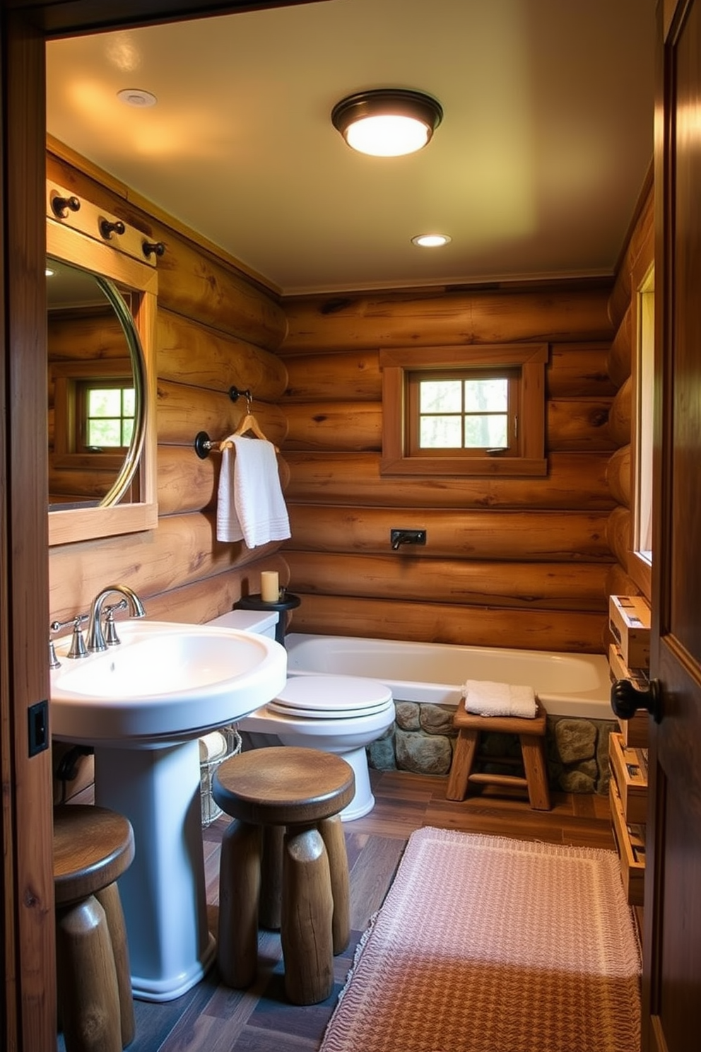 A cozy mountain cabin bathroom featuring wooden stools for added seating. The space is adorned with natural wood accents and stone elements, creating a warm and inviting atmosphere.