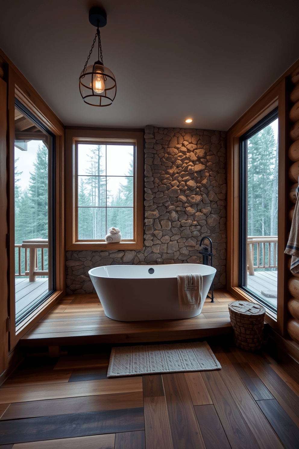 A cozy mountain cabin bathroom with a stone accent wall behind a freestanding tub. The tub is surrounded by natural wood elements and large windows that offer a view of the surrounding forest. The floor is made of reclaimed wood, adding warmth to the space. Rustic light fixtures hang from the ceiling, providing soft illumination in the evening.