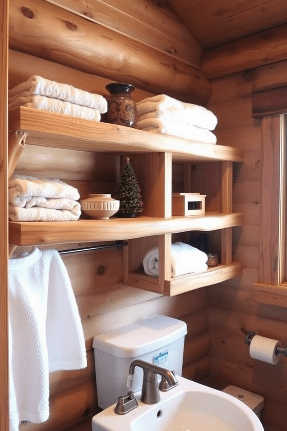 Natural wood shelves are installed for storage in a cozy mountain cabin bathroom. The shelves are filled with neatly arranged towels and rustic decor, enhancing the warm and inviting atmosphere.