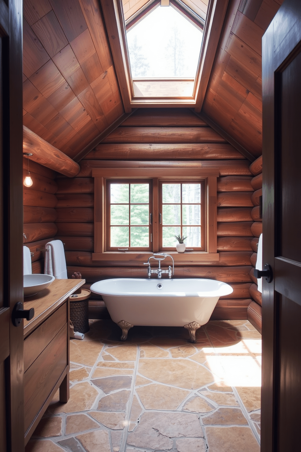 A cozy mountain cabin bathroom featuring a clawfoot tub positioned under a large skylight that allows natural light to flood the space. The walls are adorned with rustic wooden panels, and the floor is covered with warm, textured stone tiles that enhance the cabin's charm.