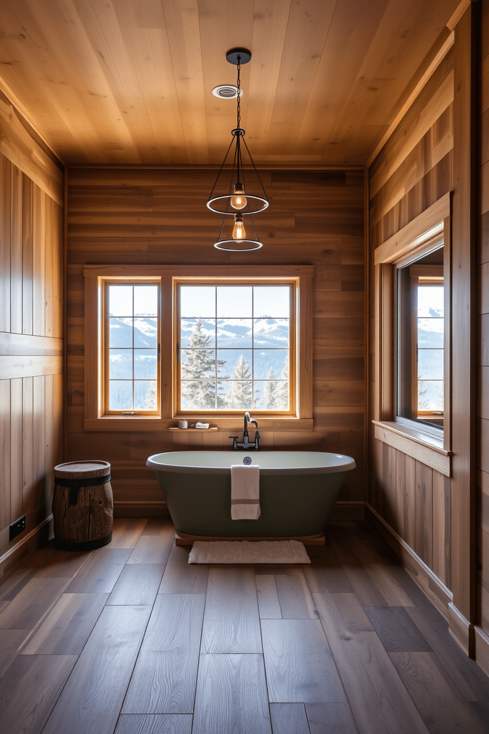 Chic pendant lights hang gracefully above a rustic wooden sink, illuminating the space with a warm glow. The walls are adorned with natural wood paneling, creating a cozy atmosphere that complements the mountain cabin aesthetic. The floor features wide planks of reclaimed wood, enhancing the cabin feel while providing a sturdy foundation. A freestanding soaking tub sits in front of a large window, offering breathtaking views of the surrounding mountains.