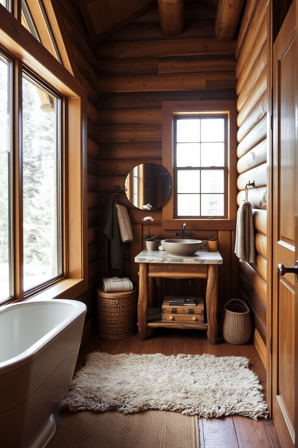 A cozy mountain cabin bathroom featuring an earthy color palette dominated by rich greens and warm browns. The space includes a rustic wooden vanity with a stone sink, surrounded by natural wood accents and textured fabrics. Large windows allow natural light to flood the room, showcasing views of the surrounding forest. The walls are adorned with reclaimed wood paneling, and a plush area rug adds comfort to the wooden floor.