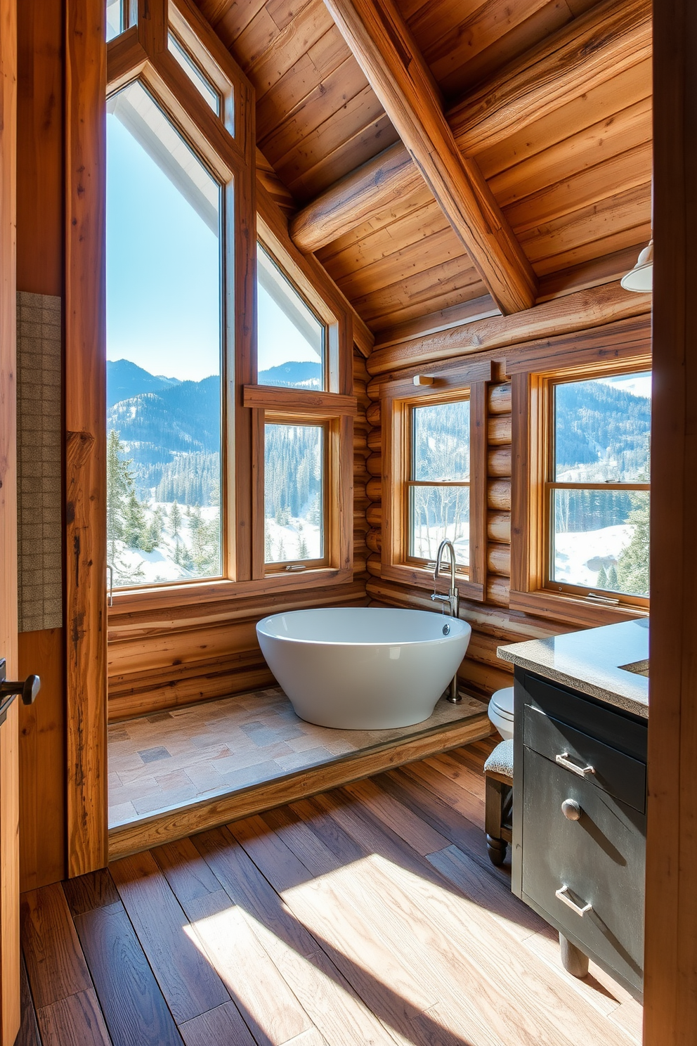 A cozy mountain cabin bathroom featuring reclaimed wood accents throughout the space. The walls are lined with rustic wooden panels, and the floor is made of wide-plank timber, creating a warm and inviting atmosphere. A freestanding soaking tub sits in the corner, surrounded by large windows that offer stunning views of the surrounding mountains. Natural stone tiles are used in the shower area, complementing the earthy tones of the reclaimed wood.