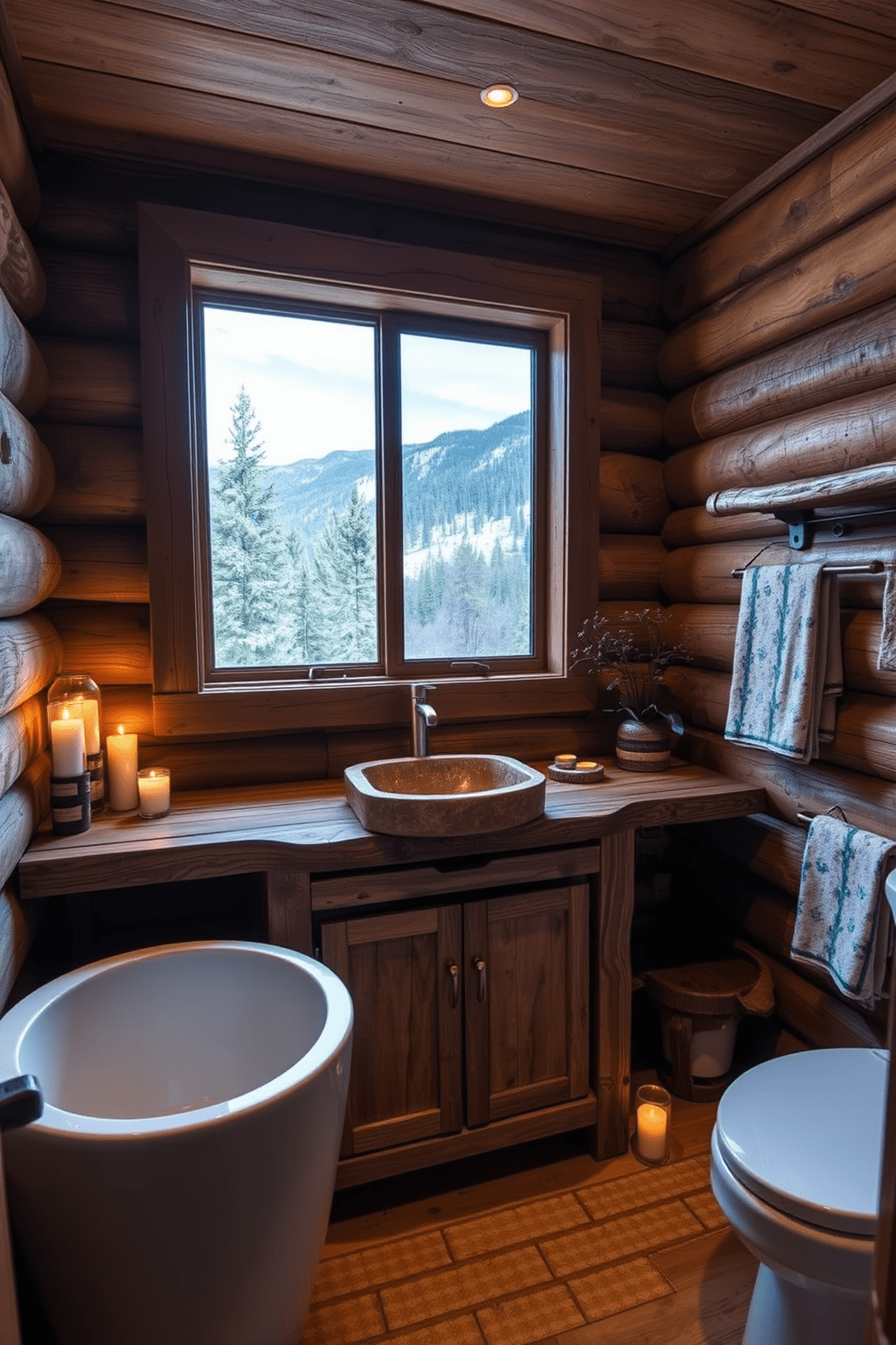 A cozy mountain cabin bathroom features a rustic wooden vanity with a natural stone sink. The space is adorned with scented candles placed strategically around the room, creating a relaxing atmosphere. The walls are lined with reclaimed wood, enhancing the cabin feel, while a large window offers a view of the surrounding mountains. Soft, warm lighting complements the earthy tones, making the bathroom a serene retreat.