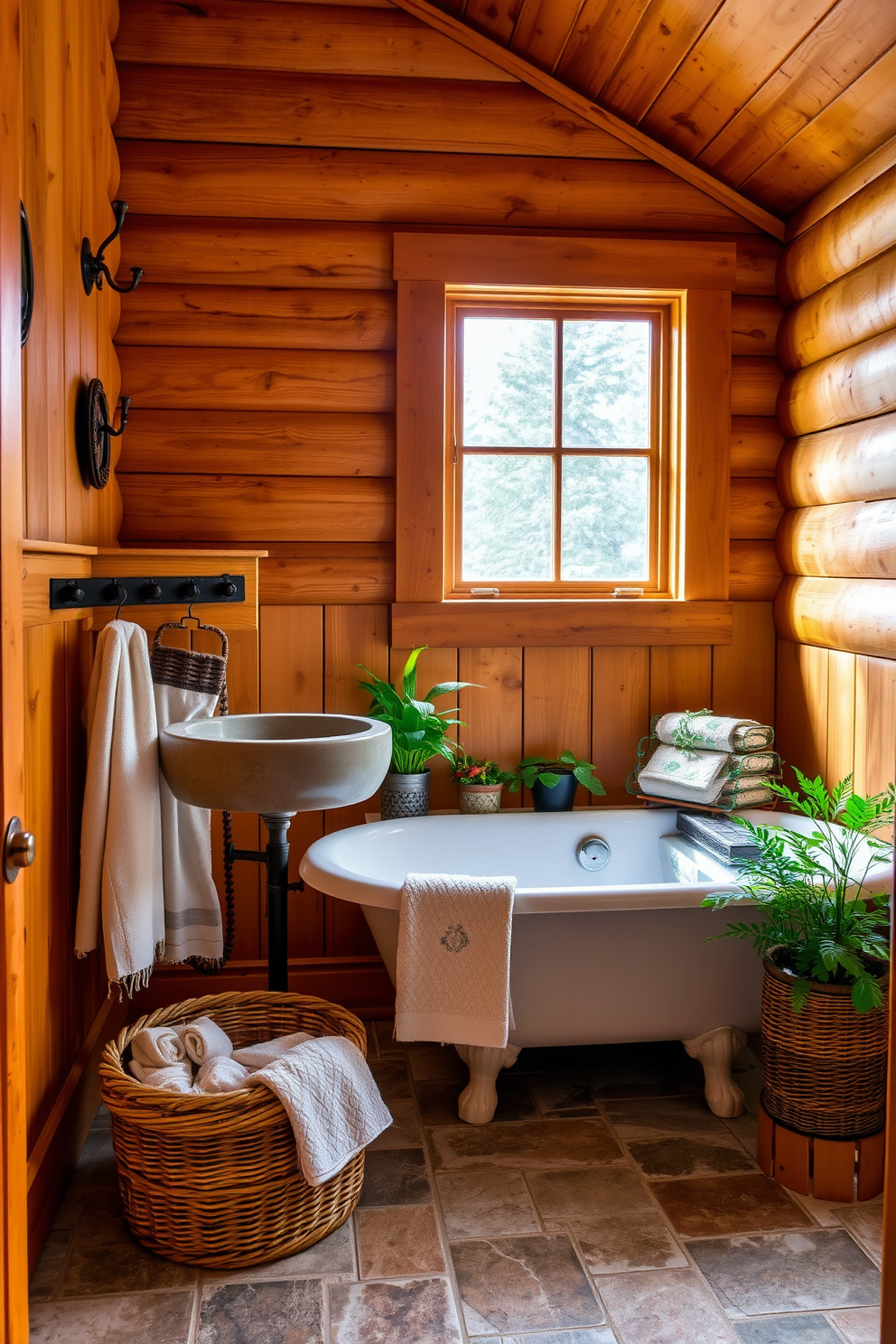 A cozy mountain cabin bathroom featuring vintage hooks for hanging towels. The walls are clad in warm wooden panels, and a rustic stone sink is positioned beneath a large window with a view of the surrounding nature. A clawfoot bathtub sits in the corner, surrounded by potted plants and a woven basket filled with soft towels. The floor is made of natural stone tiles, adding to the earthy and inviting ambiance of the space.