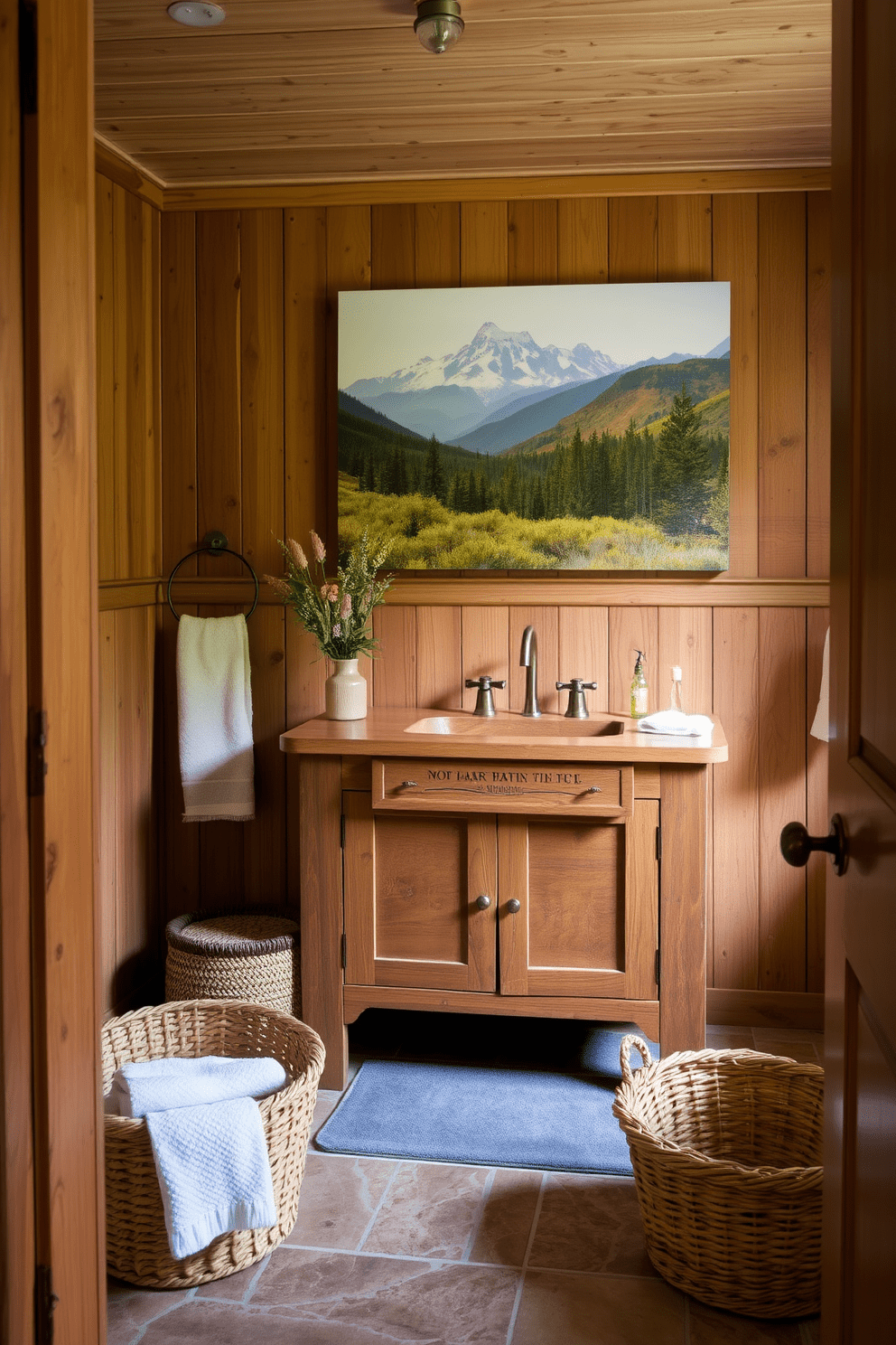 A cozy bathroom setting inspired by rustic mountain landscapes. The walls are adorned with wooden panels, and a large piece of artwork depicting a serene mountain view hangs above a handcrafted wooden vanity. The vanity features a deep farmhouse sink and is complemented by antique brass fixtures. Natural stone tiles cover the floor, providing an earthy feel, while a woven basket holds plush towels in one corner.