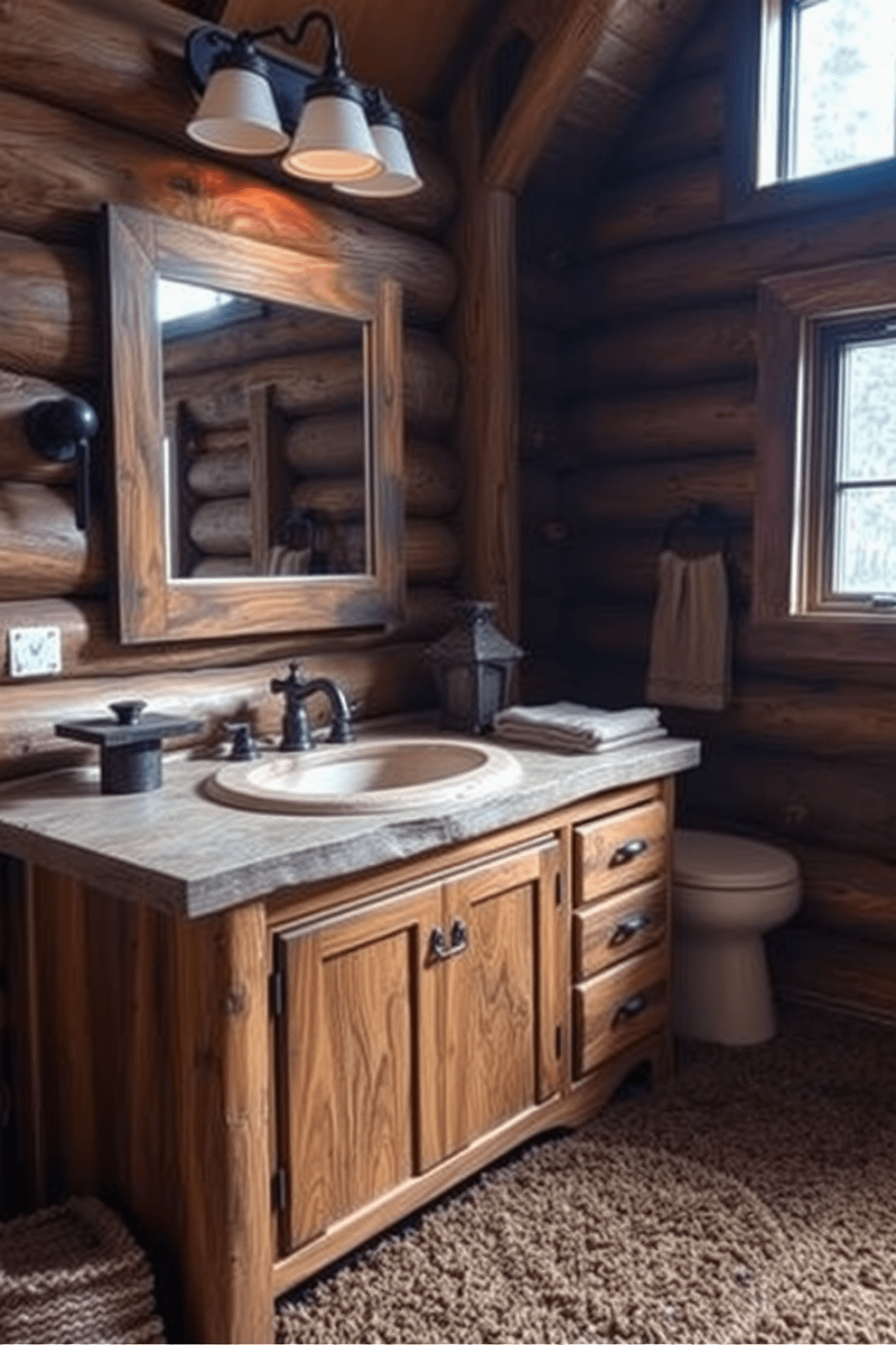 Textured rugs add warmth and comfort to a mountain cabin bathroom. Imagine a cozy space featuring a rustic wooden vanity with a stone sink, surrounded by soft, plush rugs in earthy tones.