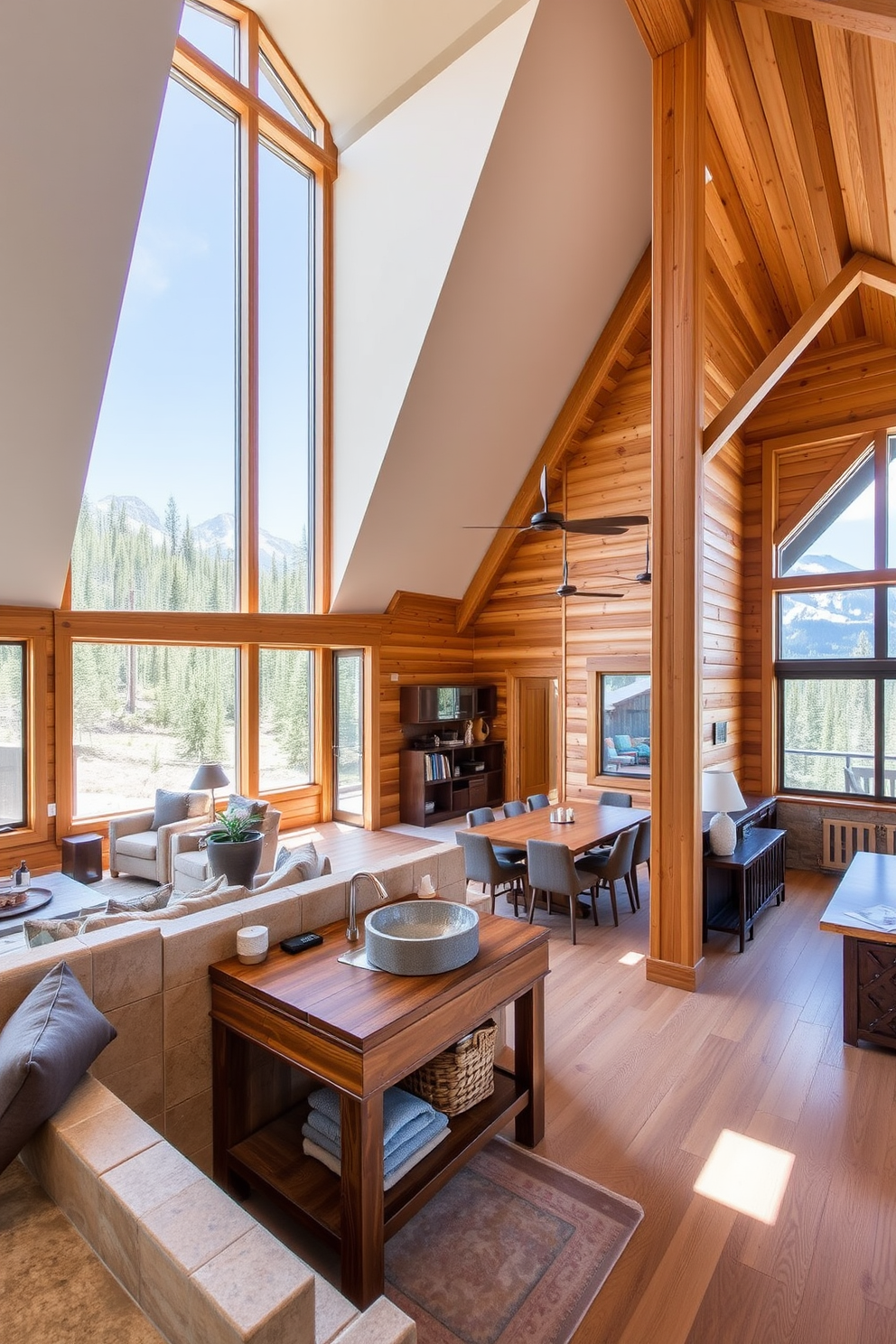 Open floor plan designed for a spacious feel with high ceilings and large windows allowing natural light to flood the space. The layout features a seamless flow between the living area, dining space, and kitchen, creating an inviting atmosphere. Mountain cabin bathroom design ideas that evoke a rustic charm with natural materials. The space includes a wooden vanity with a stone sink, surrounded by warm wood paneling and a large window showcasing a stunning mountain view.