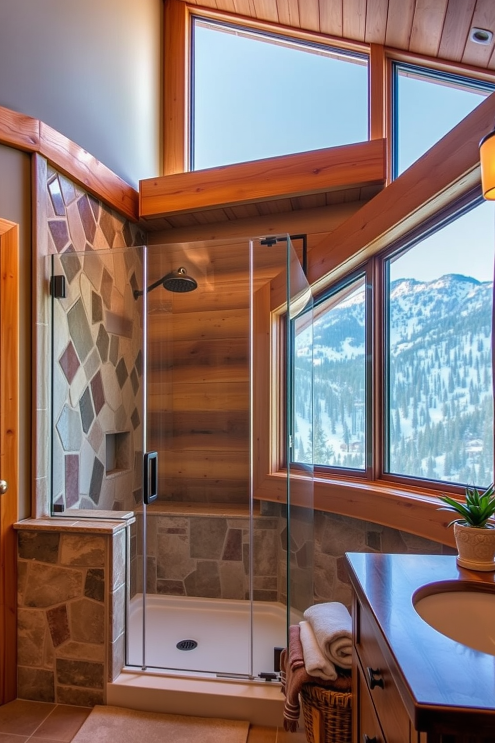 A glass shower enclosure with wooden trim creates a cozy and inviting atmosphere in a mountain cabin bathroom. The natural wood elements complement the stunning mountain views visible through the large window, enhancing the rustic charm of the space. Warm earth tones dominate the color palette, with stone accents and a wooden vanity that adds to the cabin feel. Soft, plush towels and a small potted plant on the countertop complete the serene and relaxing environment.