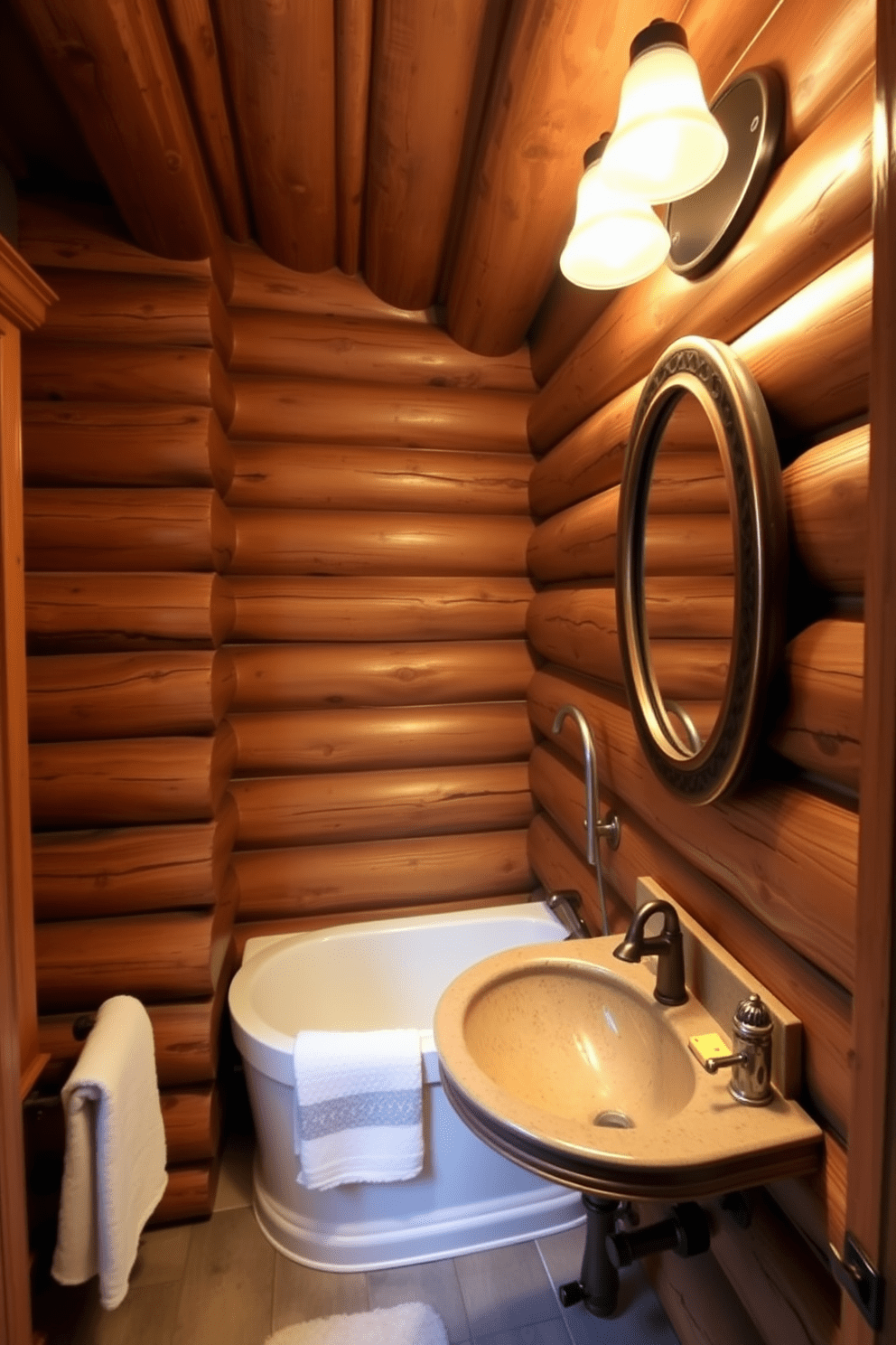 A cozy mountain cabin bathroom featuring log walls that exude rustic charm. Warm lighting fixtures cast a soft glow, enhancing the natural wood tones and creating an inviting atmosphere.