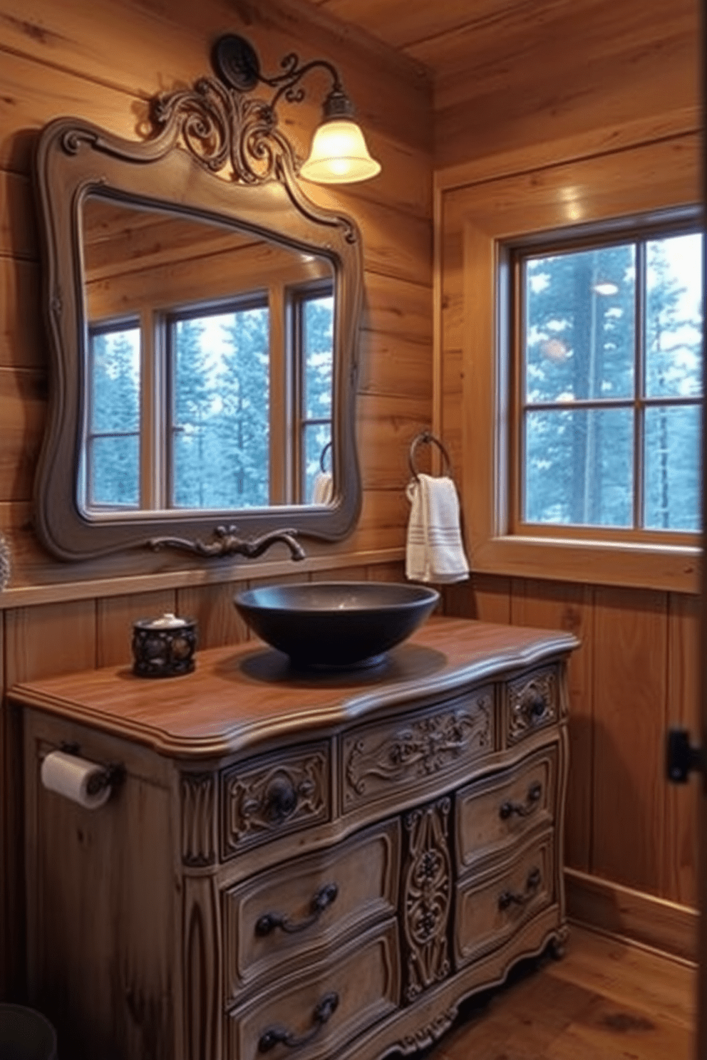 Antique dresser repurposed as a vanity in a mountain cabin bathroom. The dresser features intricate carvings and a weathered finish, complemented by a vessel sink on top and a rustic mirror hanging above. Natural wood paneling lines the walls, enhancing the cozy atmosphere of the cabin. A large window offers a view of the surrounding pine trees, while soft, warm lighting creates an inviting glow in the space.