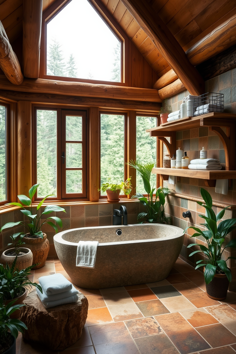 A nature-inspired bathroom featuring tiles in earthy tones such as terracotta and moss green. The walls are adorned with natural wood accents and large windows that invite abundant natural light. The centerpiece is a freestanding tub made of stone, surrounded by potted plants that enhance the organic feel. A rustic wooden shelf holds neatly rolled towels and artisanal bath products, adding to the cozy mountain cabin ambiance.