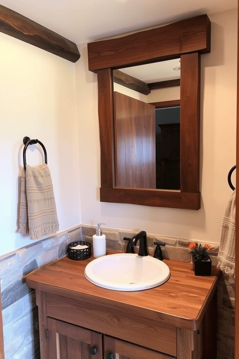 A vintage mirror framed with reclaimed wood hangs above a rustic wooden vanity. The bathroom features natural stone accents and a warm color palette that evokes a cozy mountain cabin atmosphere.