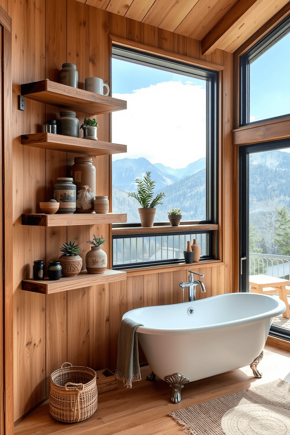 Open shelving made of reclaimed wood displays rustic decor accents such as vintage jars, potted plants, and handmade pottery. The walls are clad in natural wood panels, and a freestanding bathtub sits beneath a large window with a view of the surrounding mountains.