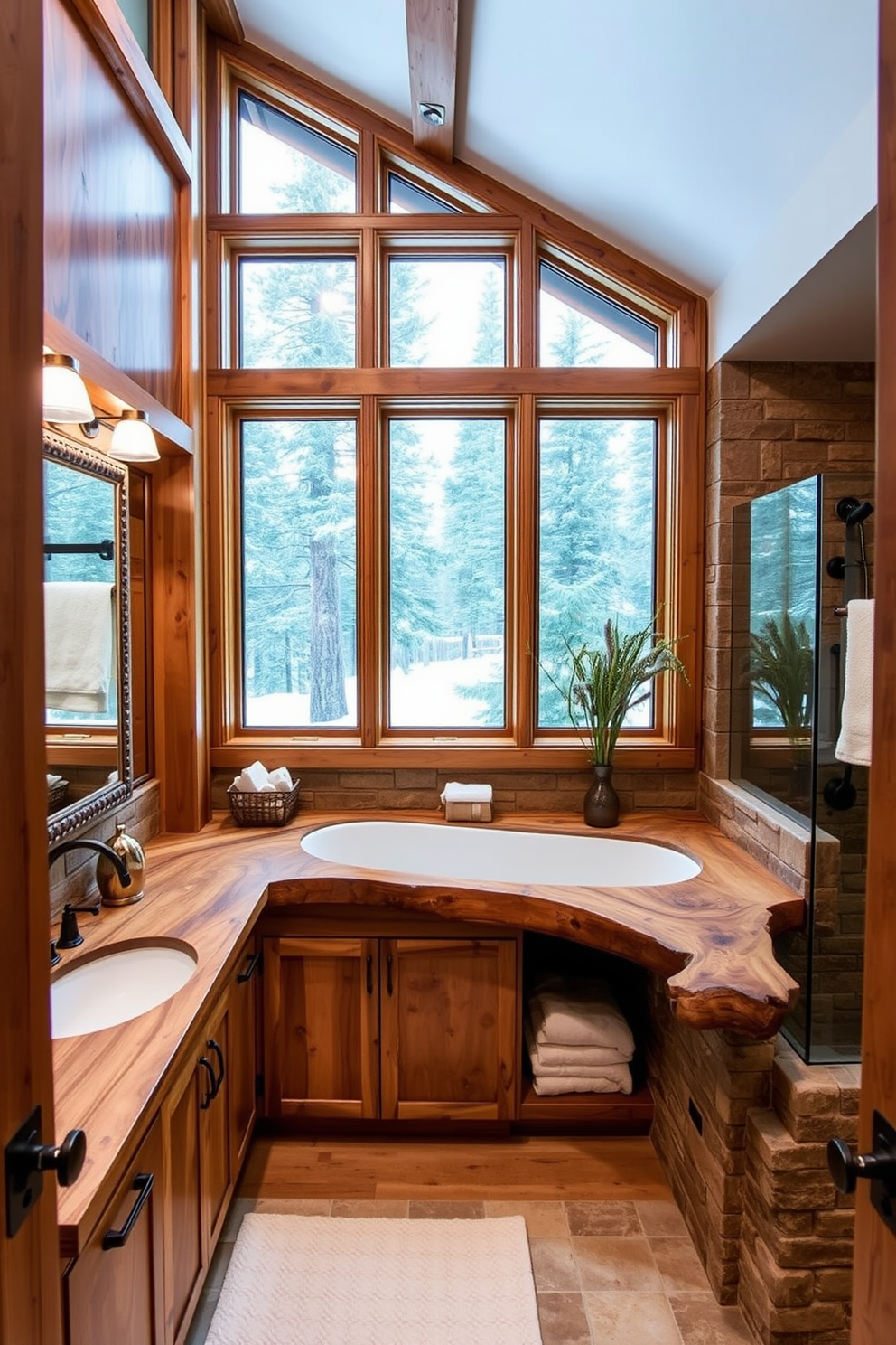 A mountain cabin bathroom featuring a live edge countertop with a natural finish that showcases the unique wood grain. The space includes rustic wooden cabinetry, stone accents, and large windows that allow natural light to fill the room.