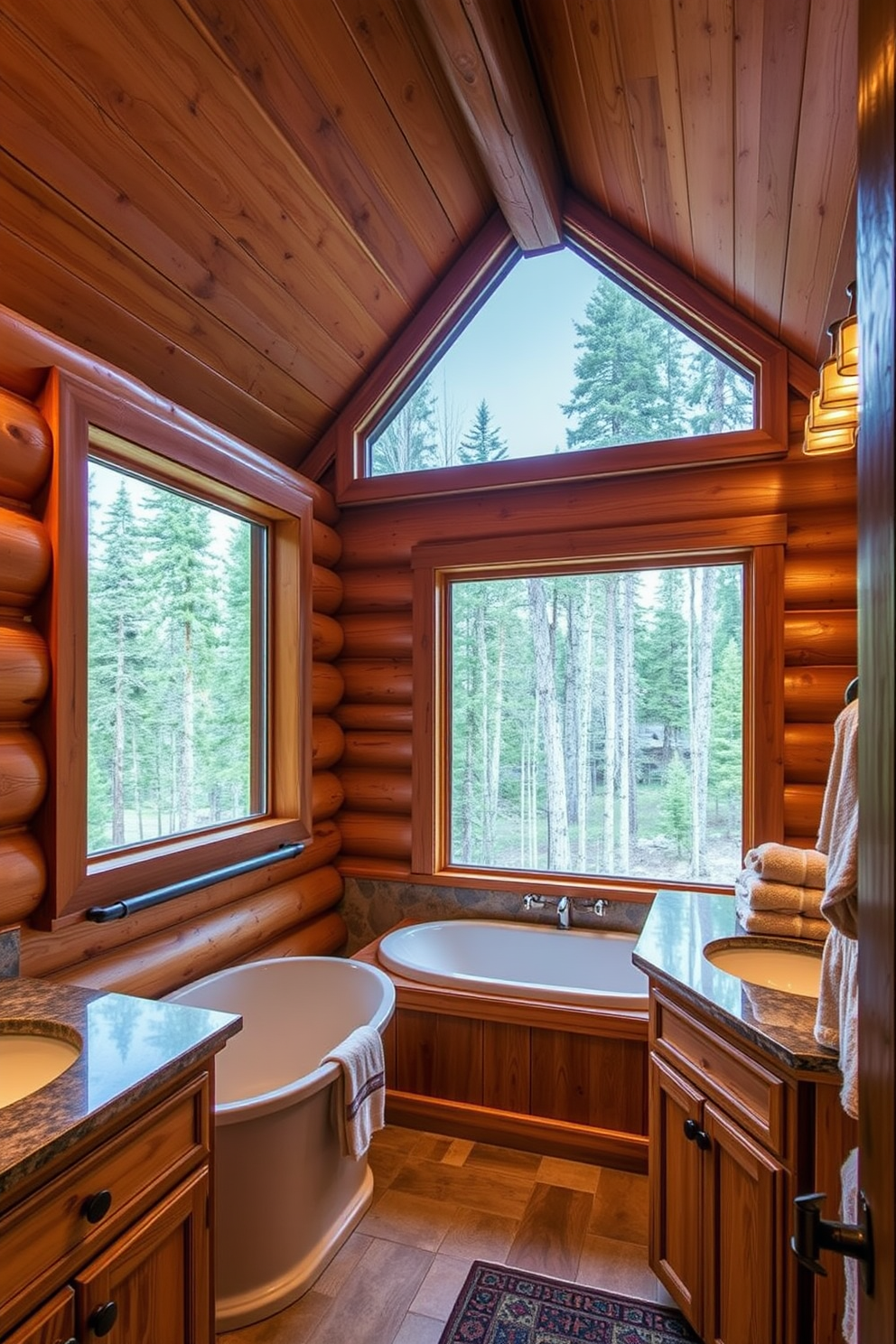 A cozy mountain cabin bathroom featuring wooden beams across the ceiling. The space includes a freestanding soaking tub positioned under a large window with views of the surrounding forest. Rustic wooden cabinetry complements the natural aesthetic with a stone countertop and a double sink setup. Soft, warm lighting enhances the inviting atmosphere, and plush towels are neatly arranged on a nearby rack.