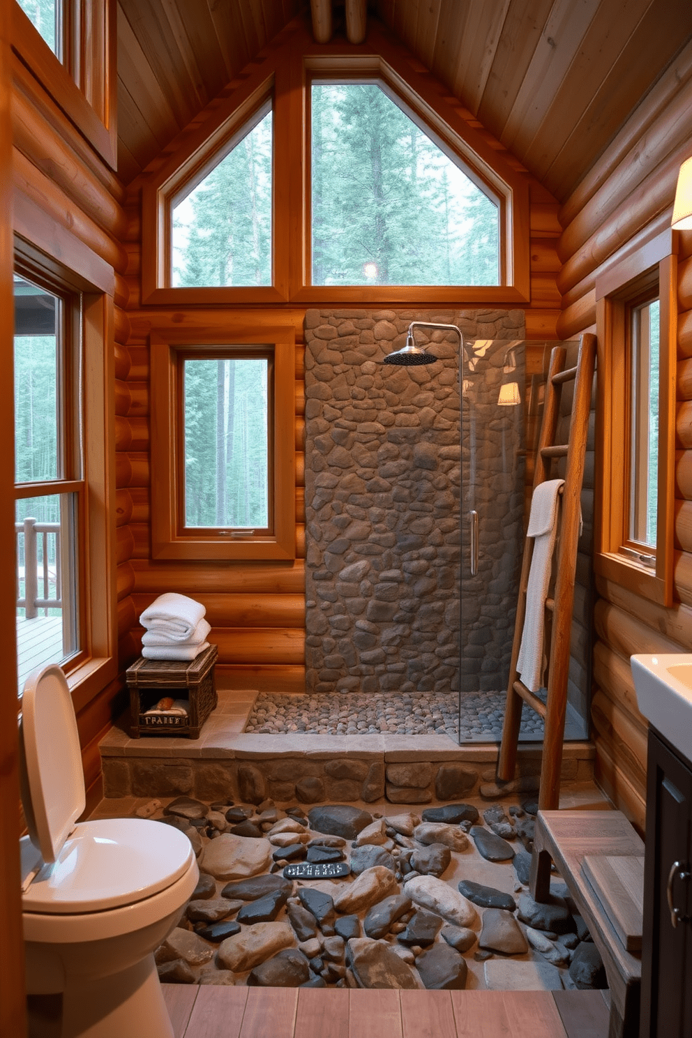 A cozy mountain cabin bathroom featuring a freestanding shower with a river rock floor. The walls are adorned with natural wood paneling, and large windows offer a view of the surrounding forest. Rustic elements are highlighted with a wooden ladder for towel storage and a stone accent wall behind the shower. Soft, warm lighting creates a welcoming atmosphere, complemented by earthy tones throughout the space.