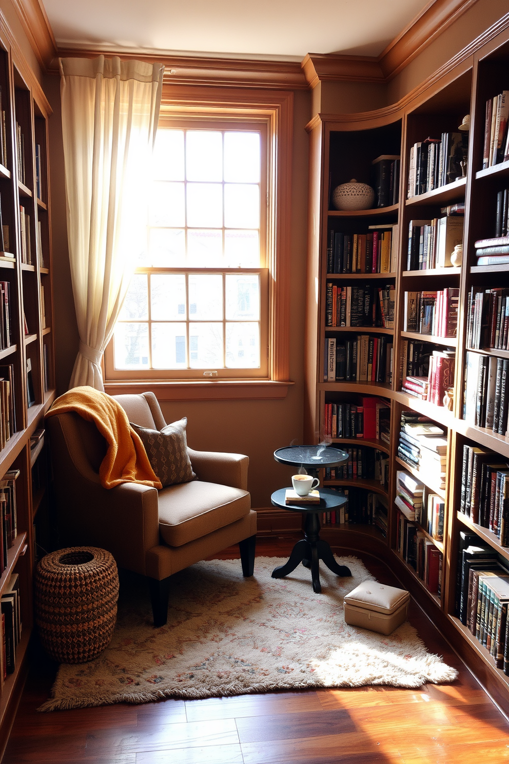 A cozy reading nook by the window features a plush armchair upholstered in soft fabric with a warm throw draped over one side. Natural light streams in through a large window adorned with sheer curtains, illuminating a small side table that holds a stack of books and a steaming cup of tea. Surrounding the nook are built-in bookshelves filled with an eclectic collection of novels and decorative items. The walls are painted in a calming earth tone, and a soft area rug lies beneath the chair, adding warmth to the inviting space.