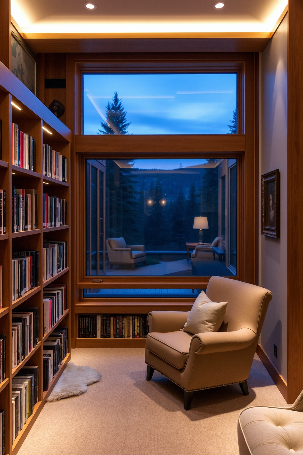 A cozy mountain home library with integrated lighting for evening reading. The space features a large wooden bookshelf filled with books, a plush armchair in the corner, and warm ambient lighting that creates a welcoming atmosphere.