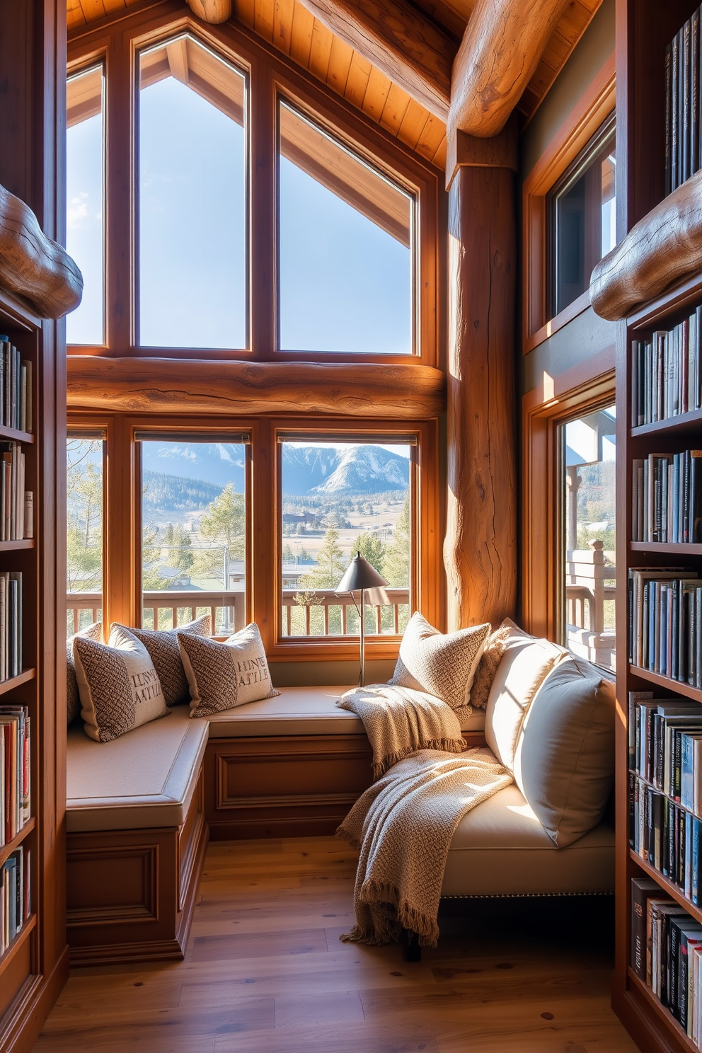 A cozy reading alcove features a built-in bench with plush cushions and a soft throw blanket. Large windows allow natural light to flood the space, framed by rustic wooden beams and overlooking a serene mountain view. The walls are lined with shelves filled with books, creating an inviting atmosphere for reading and relaxation. Warm wood tones and earthy colors enhance the comfort of this mountain home library design.