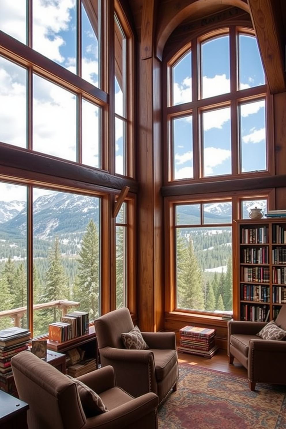 A cozy mountain home library with large windows showcasing breathtaking mountain views. The room features a rustic wooden bookshelf filled with books and a comfortable reading nook with plush armchairs.