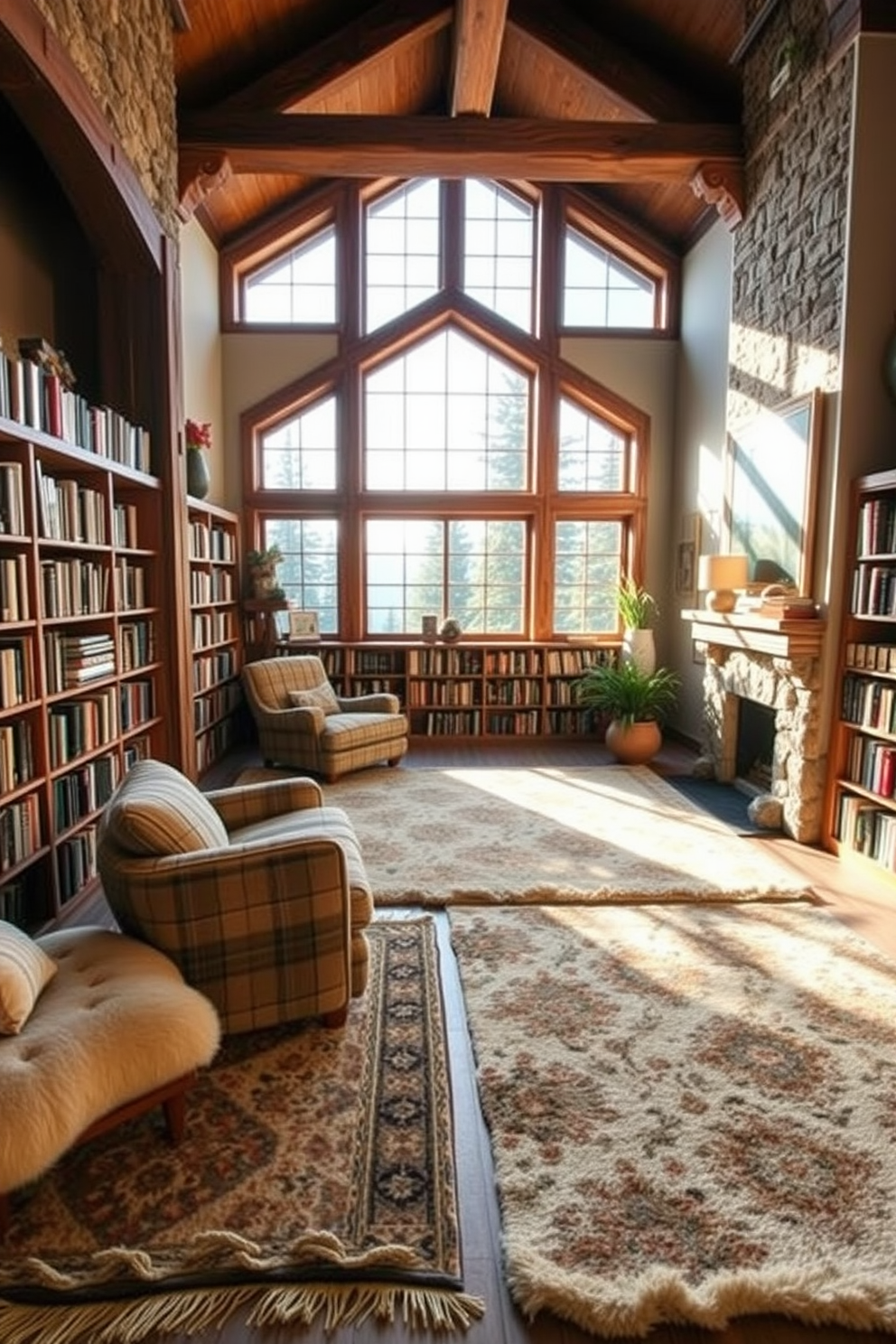 A cozy mountain home library featuring soft area rugs that enhance comfort and warmth. The space is adorned with wooden bookshelves filled with books, and a large window allows natural light to fill the room.