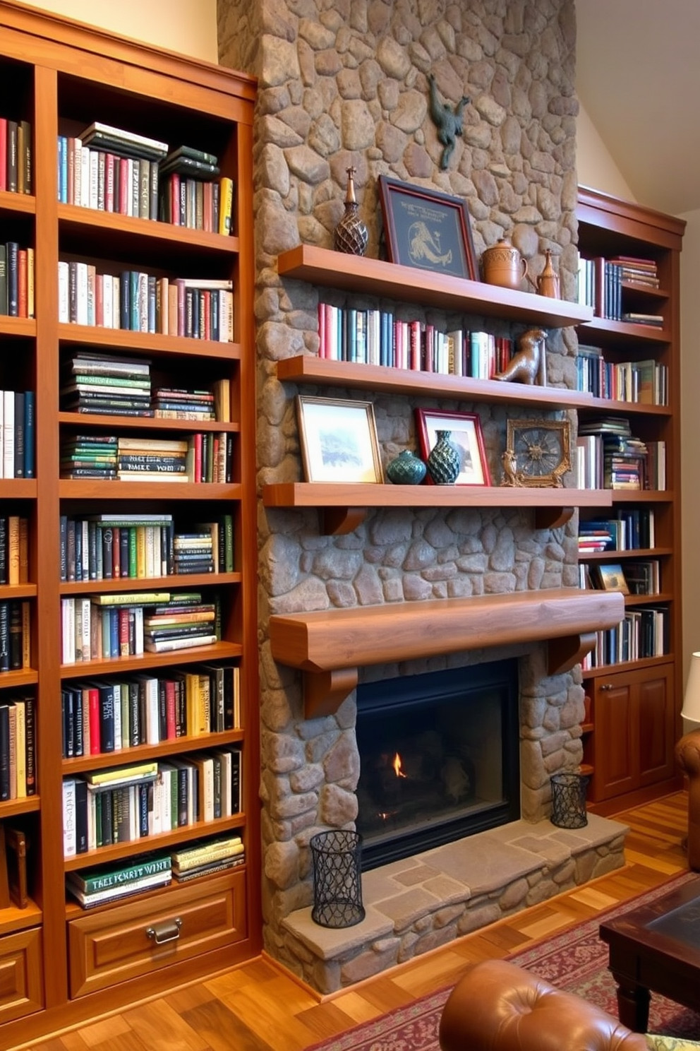 A cozy mountain home library features wall-mounted bookshelves that stretch from floor to ceiling, showcasing an array of books and decorative items. The warm wood tones of the shelves complement the rustic stone fireplace, creating an inviting atmosphere for reading and relaxation.