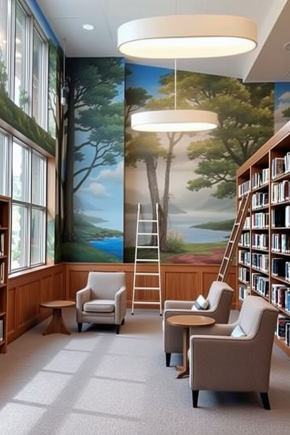 Artistic wall murals depicting serene nature scenes adorn the walls of the library, creating a peaceful and inspiring atmosphere. The space features cozy reading nooks with plush armchairs and warm wood accents, inviting relaxation and contemplation. The library is designed with large windows that allow natural light to flood in, enhancing the connection to the outdoors. Shelves filled with books line the walls, complemented by a stylish ladder for easy access to the higher shelves.